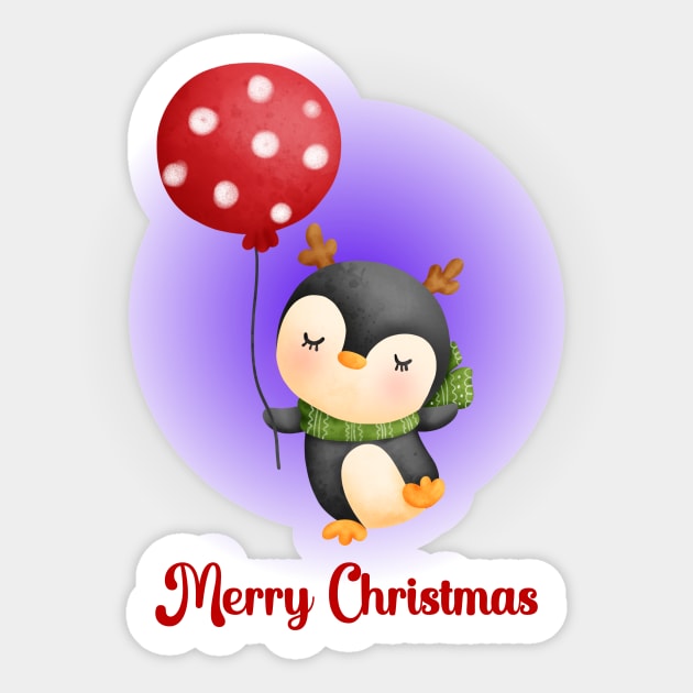 Merry Christmas Cute Penguin and Red Balloon Sticker by JanesCreations